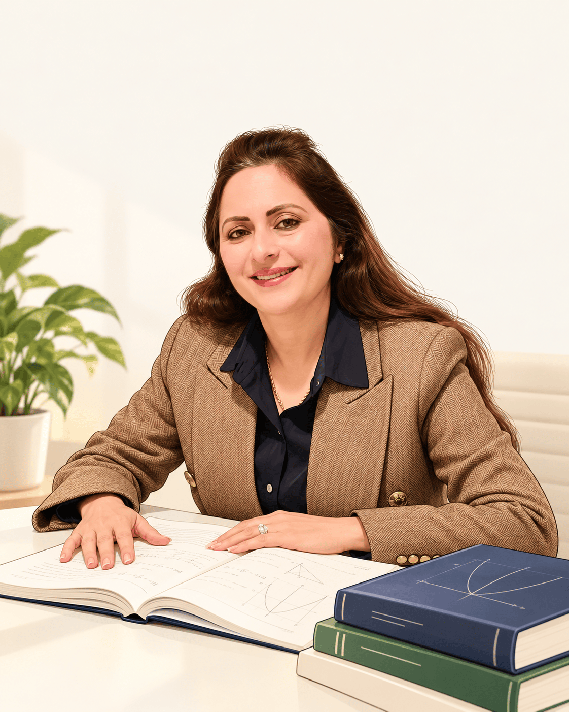 Shaveta Chopra, founder and lead tutor of Tutelage Master, at a desk with open math books
